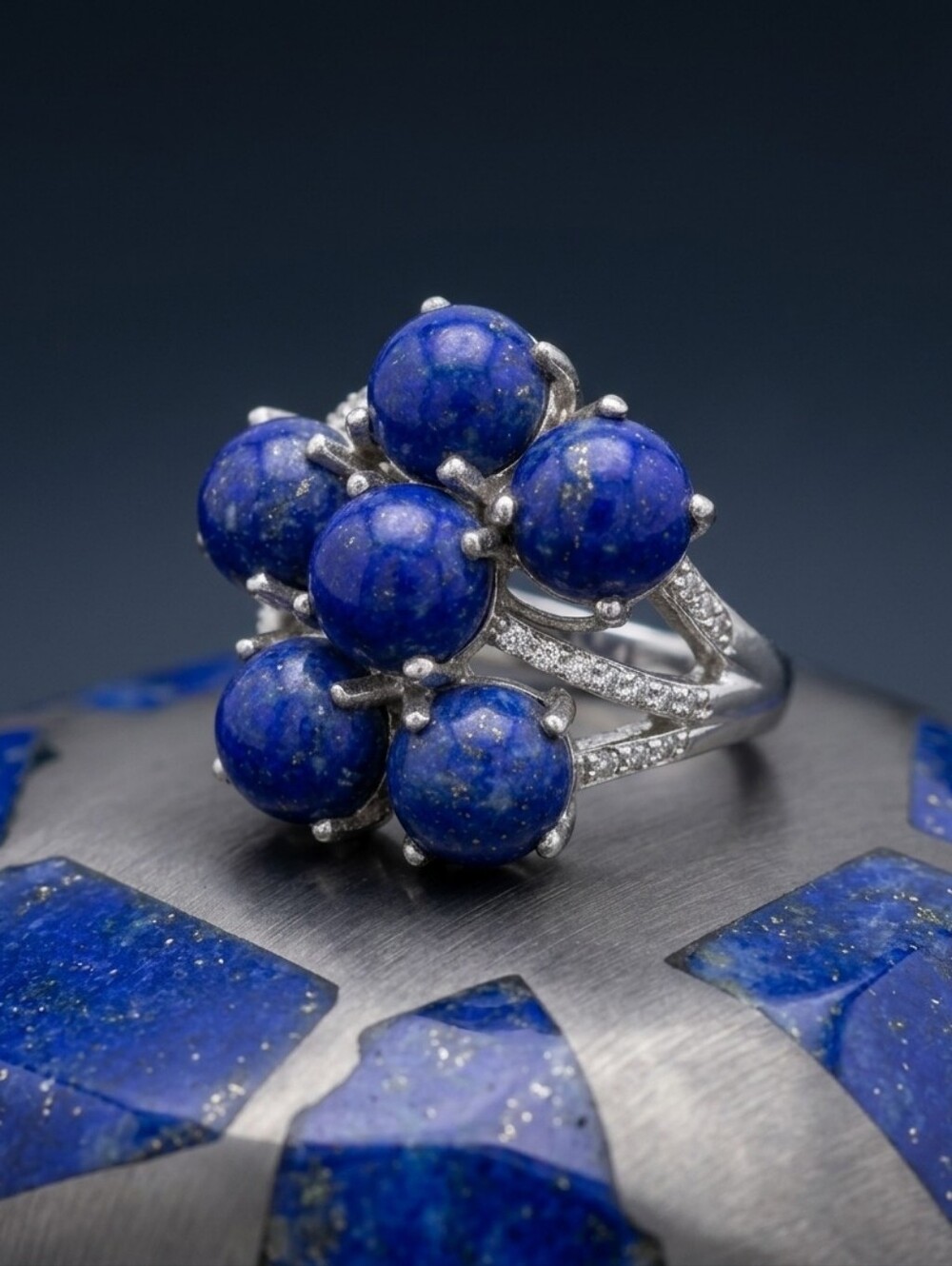 Lapis Lazuli 'Blue Flower' Cluster Sterling Silver Statement Ring - 10.59 CTW